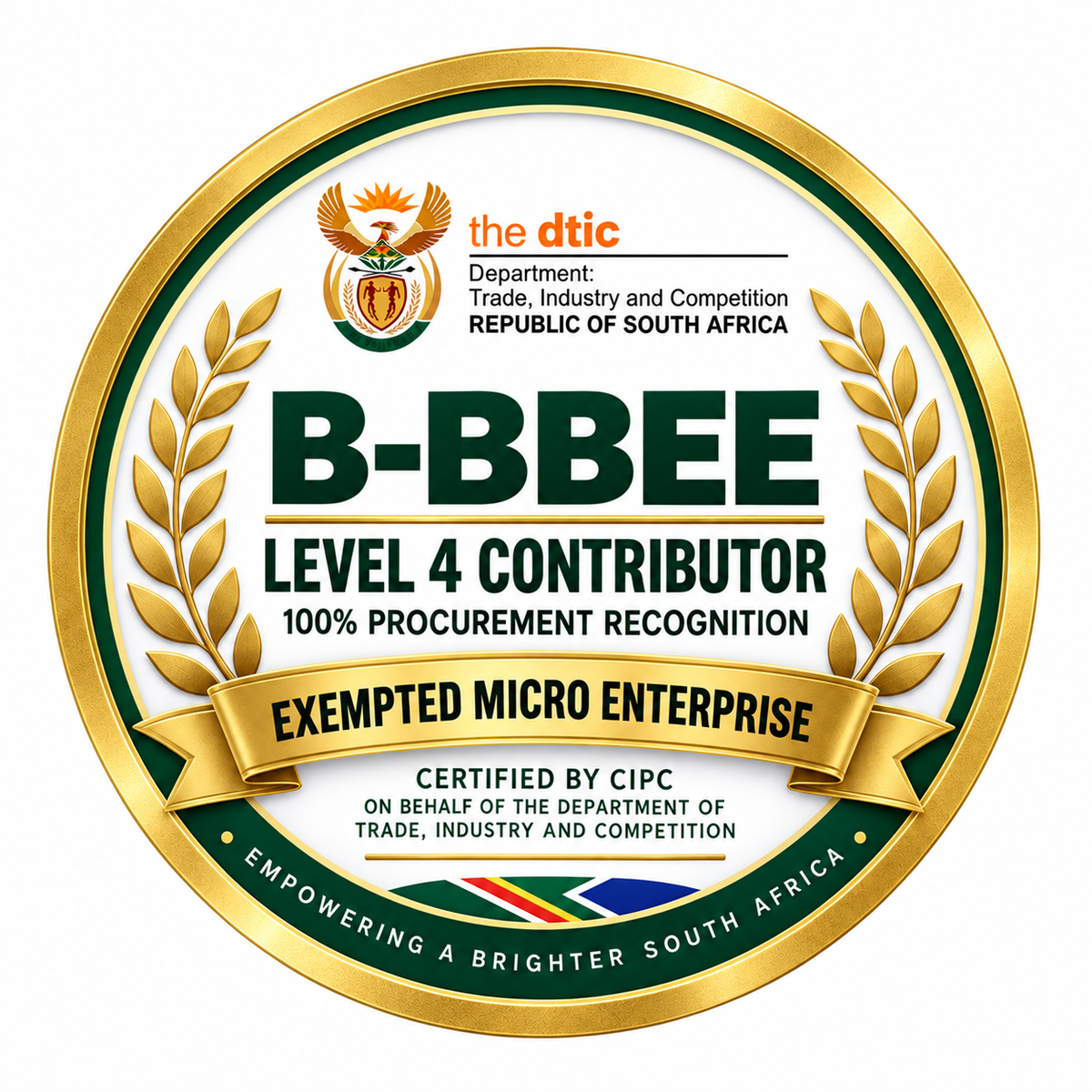 Bathroom Boutique Creations B-BBEE Level 4 contributor, 100% procurement recognition badge