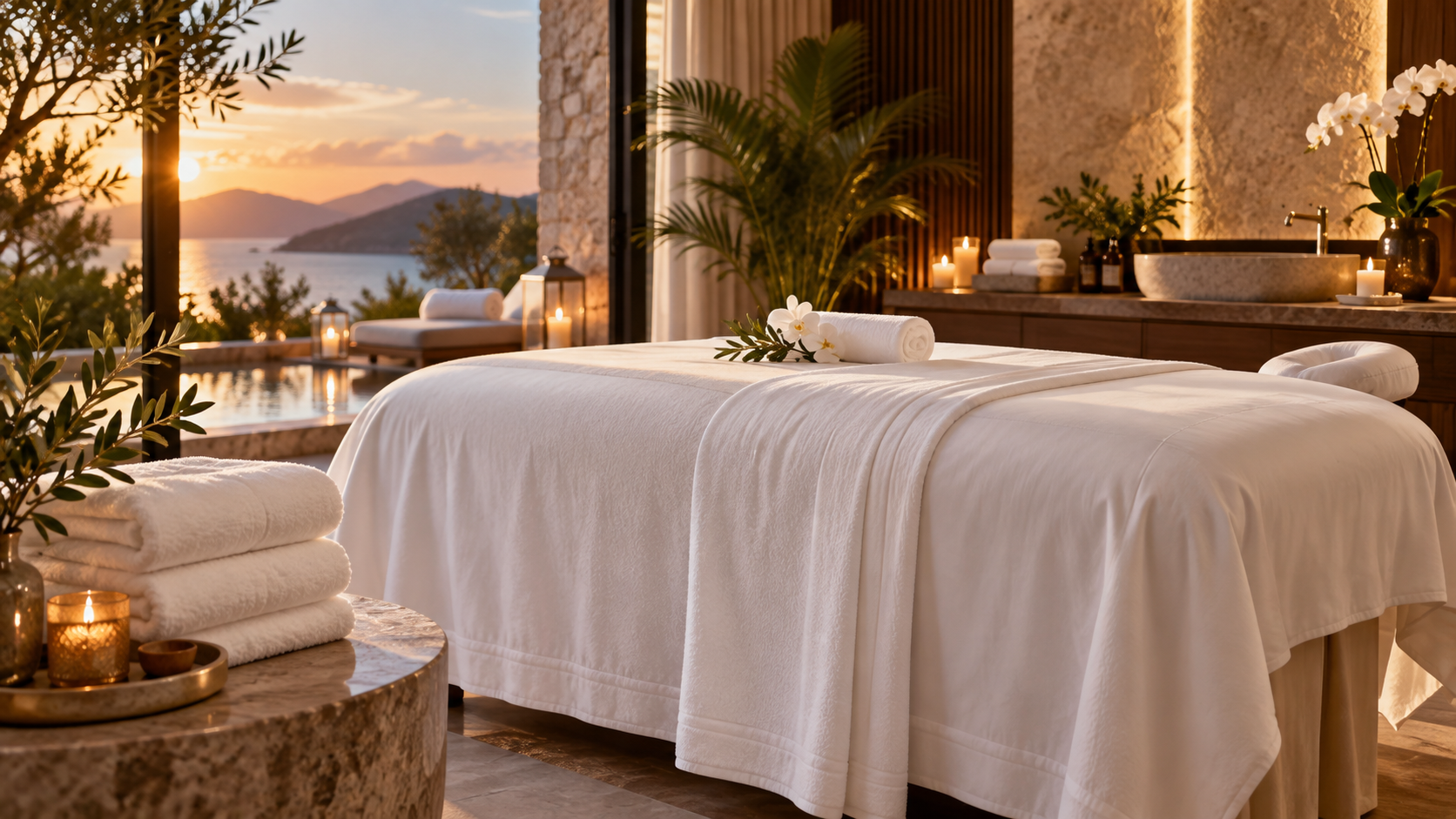 Luxury resort spa treatment room with pristine white linen, plush towels, candles and sunset ocean view