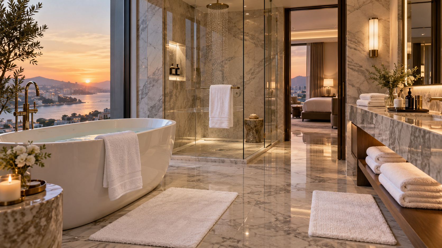 Luxury bathroom with white bath mats and towels