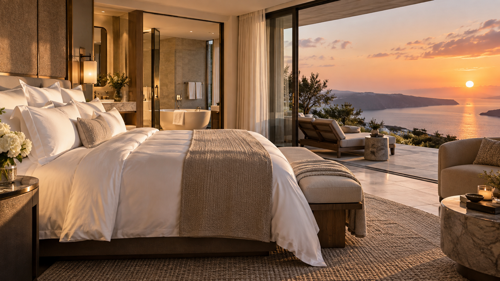 Luxurious hotel suite with immaculate white linen and sunset view