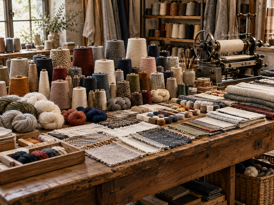 Bespoke hospitality textile yarns and samples arranged on an oak workbench