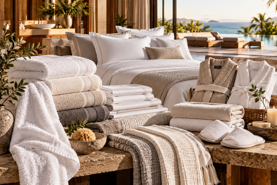 Complete hospitality textile collection with towels, bedding, slippers and spa textiles