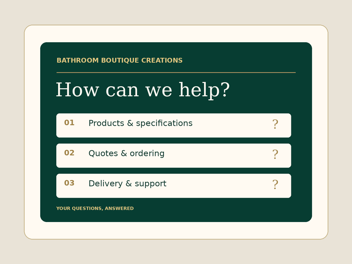 Bathroom Boutique Creations questions and answers about products, specifications, quotations, delivery and support