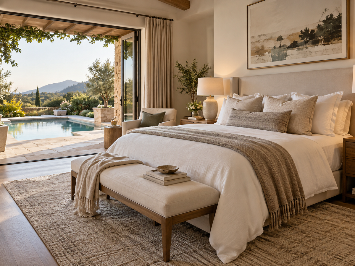 Luxury private-home master bedroom with king-size bed and pool beyond