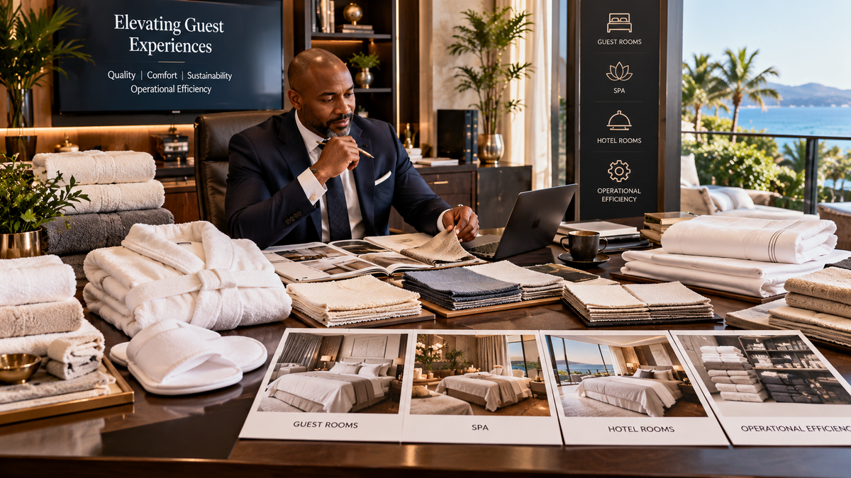 Hotel general manager reviewing guest room, spa and operational textile samples