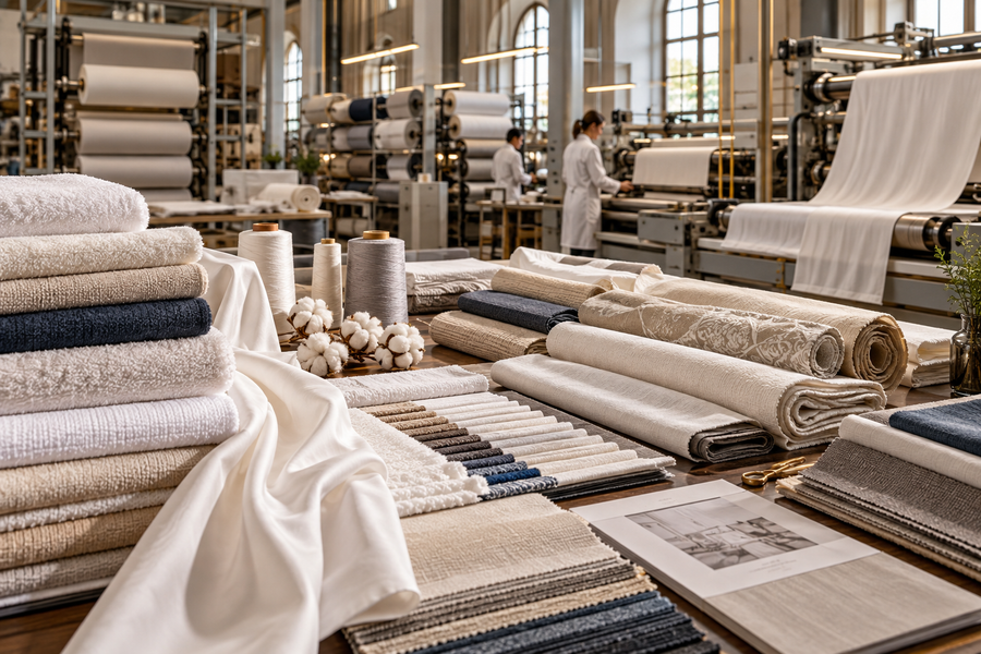 Luxury hospitality fabrics and linens displayed inside a professional textile factory
