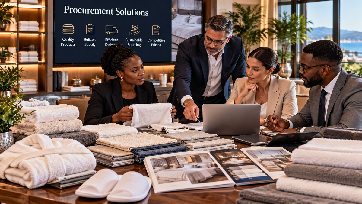 Hospitality procurement team comparing linen samples, suppliers and project requirements