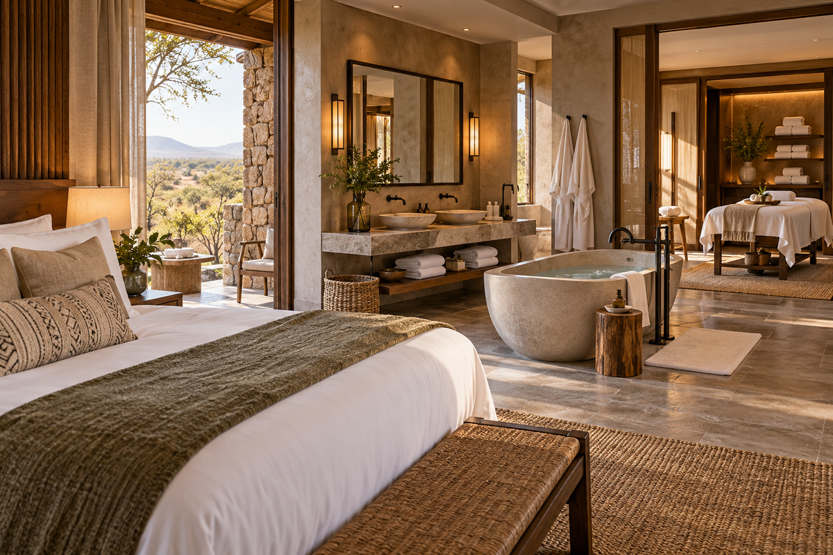 Connected hotel guest room, bathroom and spa with white hospitality linen