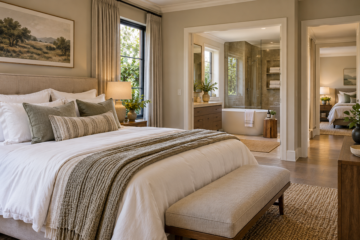 Adult bedroom in a suburban home with coordinated bathroom and guest suite