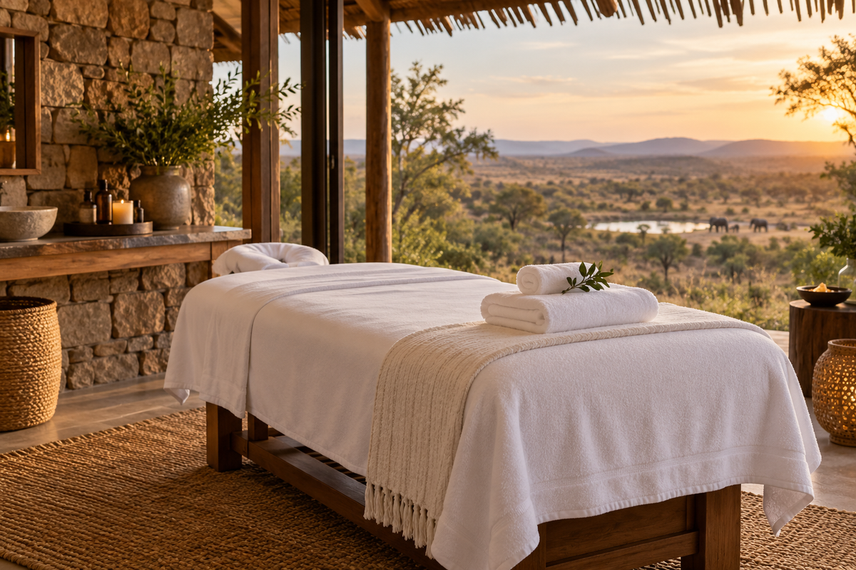 Safari lodge spa treatment table dressed with white linens and towels overlooking the savannah