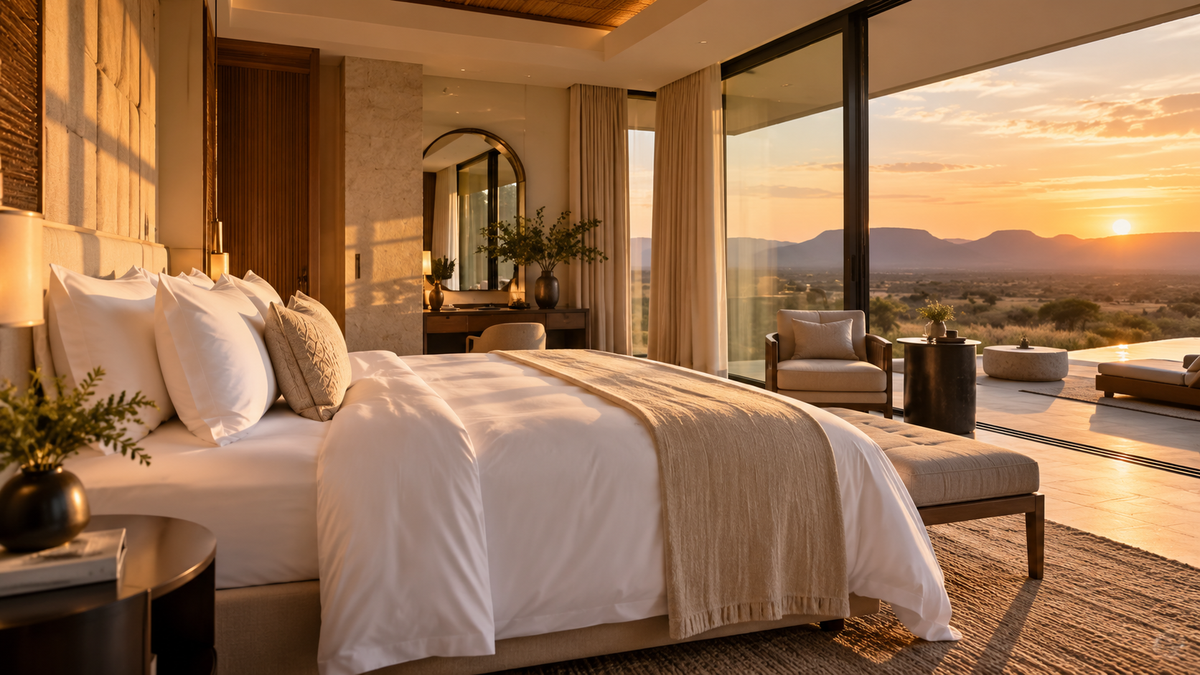 Luxury hotel suite with white linen and a sunset terrace landscape
