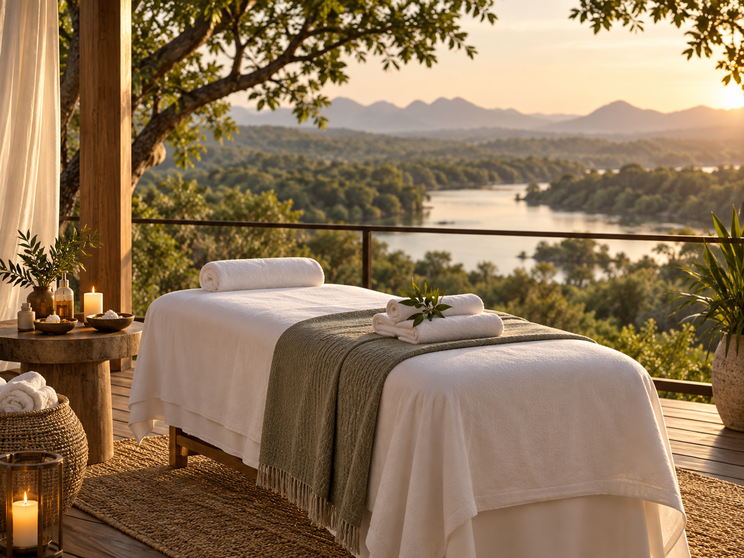 Luxury massage table with white linen overlooking a wild river and forest at golden hour