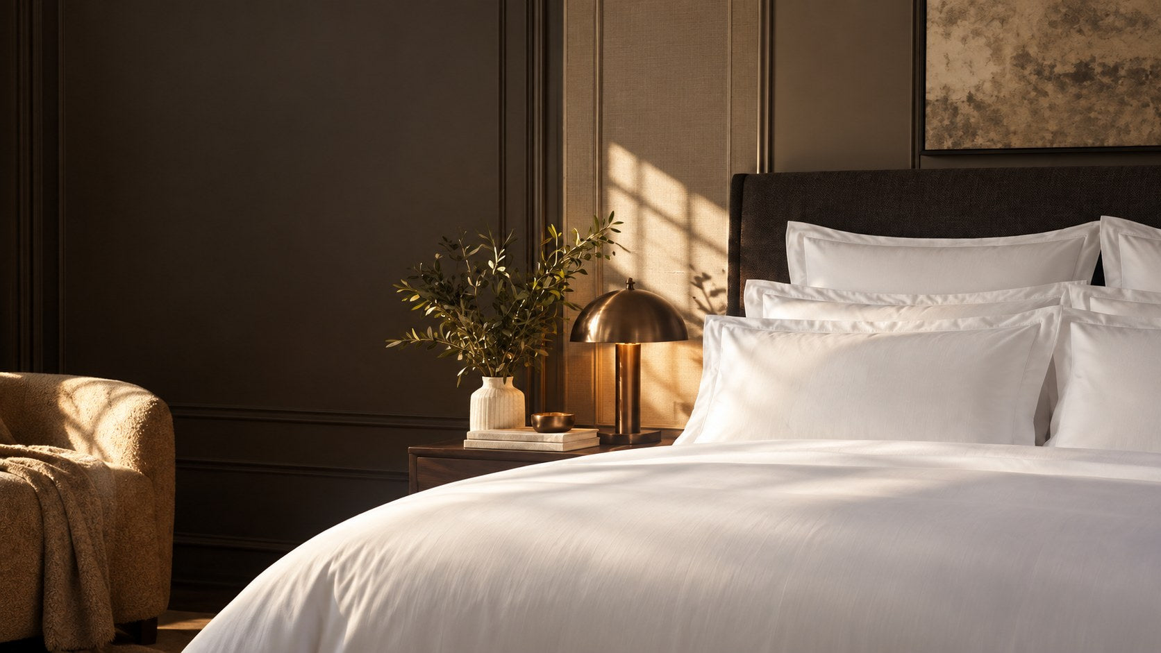King bed dressed in layered white hospitality bed linen